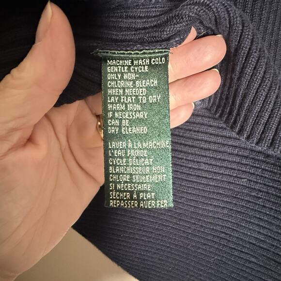 Lauren Ralph Lauren Ribbed Slim Fit T-Neck Sweater, NAVY Cotton, Red Pony~Large - Picture 5 of 8